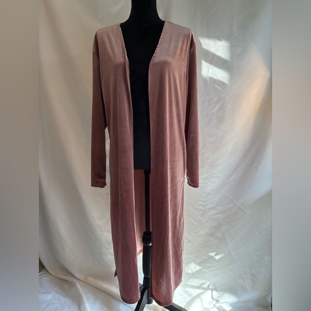 NWOT Dusty rose velvet long open duster cardigan elegant old money luxury size L